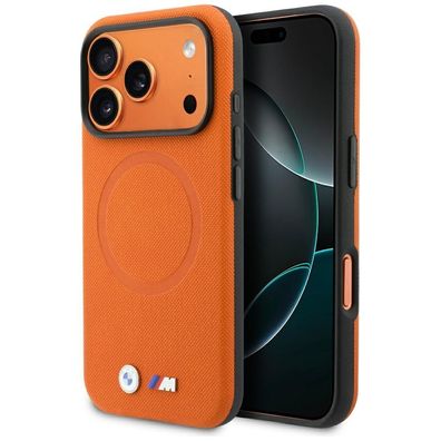 Case iPhone 17 Pro BMW MagSafe Kunstleder orange Logo Metall