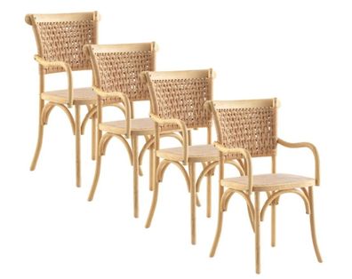 4er Set Ulmenholzstühle mit geflochtener Sitzfläche und Rückenlehne