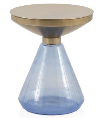 Beistelltisch mit blauem Glasgestell und goldener Metallplatte
