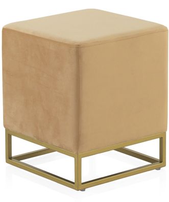 Gepolsterter Hocker mit senffarbenem Samtstoff und Sockel gold