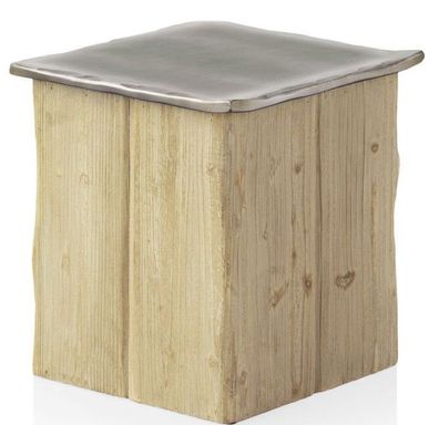 Hocker mit metallisch lackiertem Sitz und furniertem Holzgestell