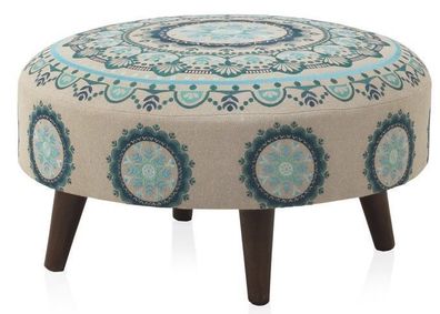 Runder gepolsterter Hocker mit leinenfarben Holzbeineeinenen