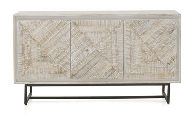 Sideboard mit 3 Türen aus massivem Mangoholz in patiniertem Weiß