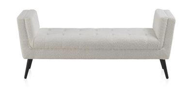 Sitzbank mit weißem Stoffbezug und schwarzen Holzbeinen