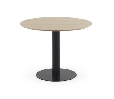 Tisch aus Melamin in Esche mit schwarzem Metallfuß, Durchmesser 100