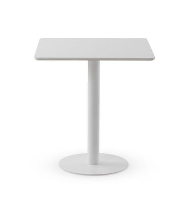 Tisch aus weißem Melamin, Mittelfuß aus weißem Metall 70x70