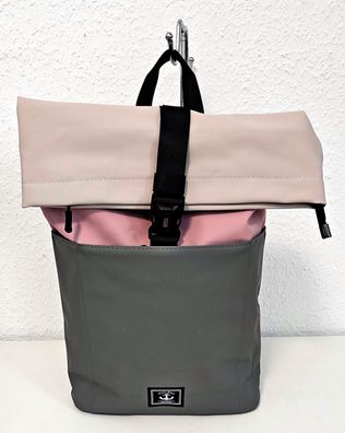 Unisex Rolltop Rucksack Freizeit Arbeit Wasserdicht dreifarbig Grau/Beige/Altrosa