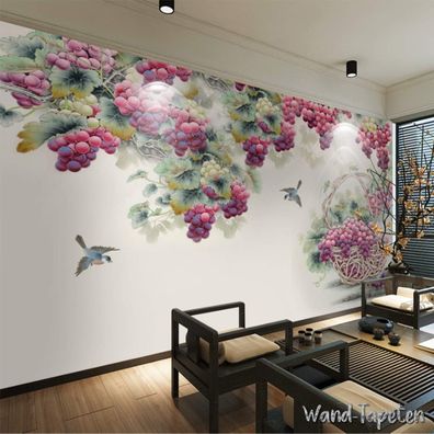 Vlies Fototapete Wandtapete Wandbilder Zweige mit Trauben und Vögeln 4442