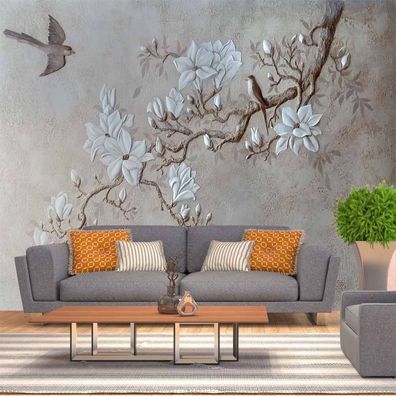 Vlies Fototapete Wandtapete Wandbilder 3D Magnolienblüten Elstern Einem Ast 4445