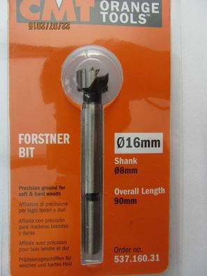 Forstnerbohrer/ Zylinderkopfbohrer SP-Stahl D=16 mm L=90 mm Schaft 8 mm CMT