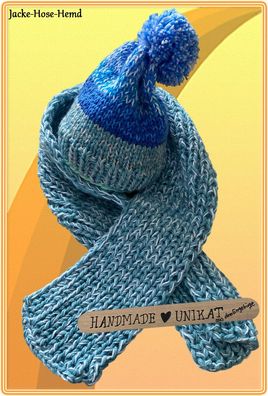 2er-Set Kinder Strickschal Mütze Wollmütze Wollschal Handarbeit Blau Unikat NEU