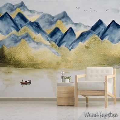 Vlies Fototapete Wandtapete Wandbilder Tuschemalerei Goldlandschaft Vögeln 4456