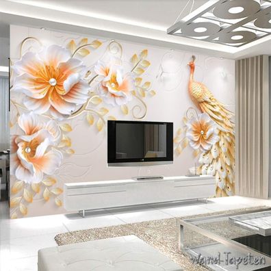 Vlies Fototapete Wandtapete Wandbilder 3D Relief mit Pfau und Blüten 4470