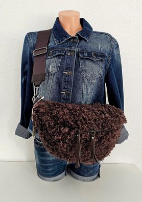 Große Teddyfell Bauchtasche Gürteltasche Cross Body Bag Gurt 2 RV uni Chocolate