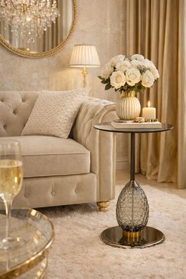 Moderner Beistelltisch Rund Ø45cm Glas Metall Schwarz/Gold Titan Chrom Grauglas