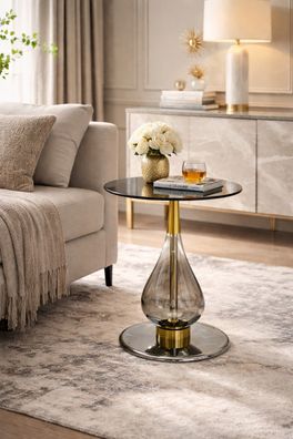 Design Beistelltisch Rund Ø45cm Schwarz/Gold - Grauglas Sicherheitsglas Höhe 52cm