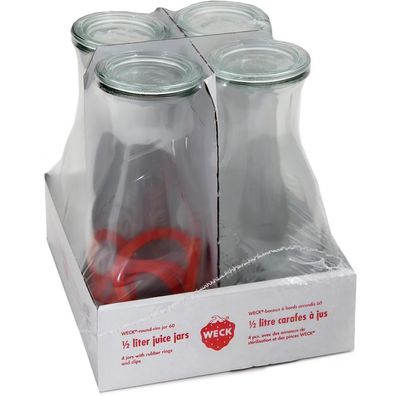 WECK Saftflasche 4er-Tray 1/2 l mit Ringen und Klammern