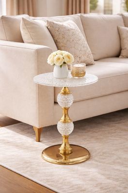 Beistelltisch rund Ø45 cm Messingfarben Glas Strukturglasplatte 50 cm hoch