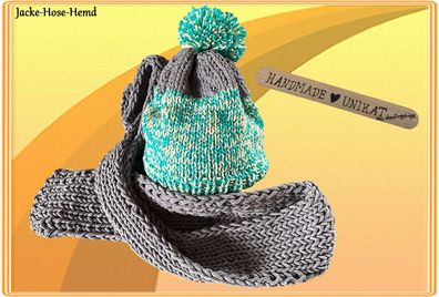 2er-Set Kinder Strickschal Mütze Wollmütze Wollschal Handarbeit Grau Grün Unikat NEU