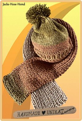 2er-Set Kinder Strickschal Mütze Wollmütze Wollschal Handarbeit Braun Unikat NEU