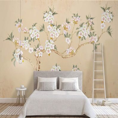 Vlies Fototapete Wandtapete Wandbilder Gemalte Blumen Vögel Pflaumenblüten 4490