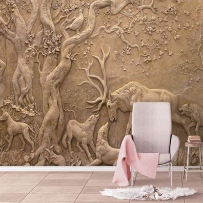 Vlies Fototapete Wandtapete Wandbilder 3D Reliefskulptur von Hirsch und Bau 4497