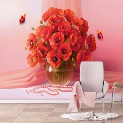 Vlies Fototapete Wandtapete Wandbilder Rote Blumen und Schmetterlinge 4499