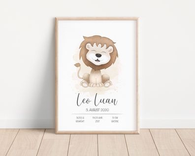 SunnaBee - Personalisiertes Poster "Löwe" für Jungs | mit Geburtsdaten | Kinderzimmer