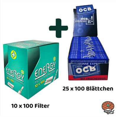 10x Energy+ Plus (Elixyr) Filter Tips Menthol + 25x OCB Blau Doppel Blättchen