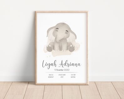 SunnaBee - Personalisiertes Poster "Elefant" Unisex| mit Geburtsdaten | Deko Kinder