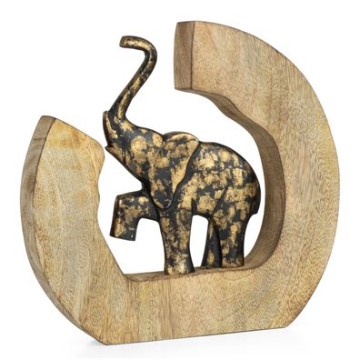 Dekofigur Elefant aus Aluminium in Mangoholzrahmen 24x3,5x23 cm - Moderne Elefantenfi