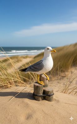 Maritime XXL Deko-Möwe auf Holzpfosten - Wetterfeste Gartenfigur (32,7 cm)