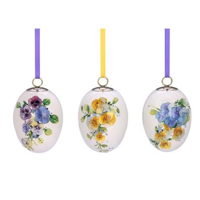 Deko Ostereier Set 3-tlg 7.5cm Keramik Blumen-Dekor Eier zum Aufhängen Osterdeko
