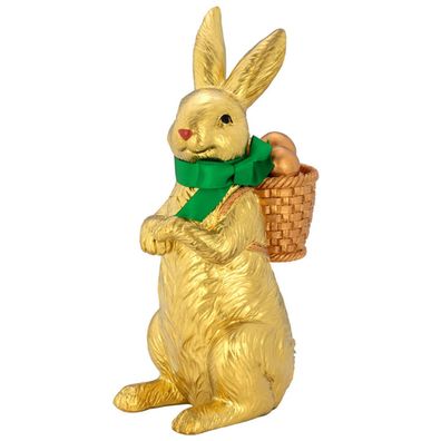 Deko Osterhase 20.8cm Kunststein Gold Hase mit Eier-Rückenkorb & grüner Schleife