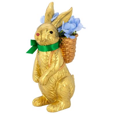 Deko Hase 32 cm Kunststein in Gold Osterhase Blumen-Rückenkorb & grüner Schleife