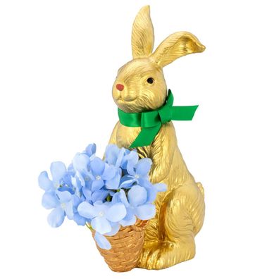 Deko Osterhase 32.5cm Kunststein Gold Hase mit Blumen-Körbchen & grüner Schleife