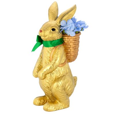 Deko Hase 40 cm Kunststein in Gold Osterhase Blumen-Rückenkorb & grüner Schleife