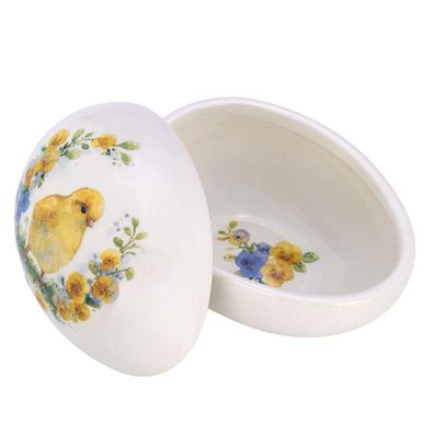 Deko Oster-Schale 13.2 x 9.8 cm mit Deckel Keramik weiß mit Blumen & Küken-Dekor