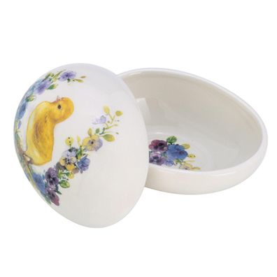 Deko Oster-Schale 15.9x11.8 cm mit Deckel Keramik weiß mit Blumen & Küken-Dekor