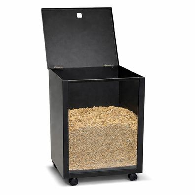 Pelletbehälter eckig Schwarz beschichtet - Plexiglasfront Pelletsbox mit Rollen