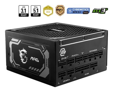 MSI MAG A1250GL PCIE5, 1250 W, 100 - 240 V, 50/60 Hz, Aktiv, 90%, Überstrom, Überlas