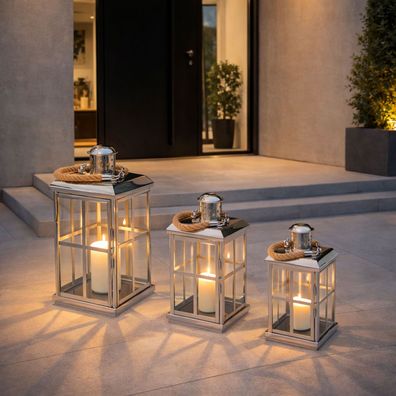3er Edelstahl Glas Gartenlaternen Windlichter Laterne Kerzenhalter H27/39/52m