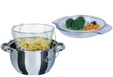 GSW Frittiertopf 3 l Ø22cm Edelstahl mit Glasdeckel und Frittiereinsatz