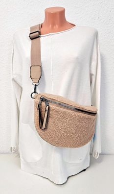 Bauchtasche Gürteltasche Brusttasche Cross Body Bag Teddyfell uni Gurt in Beige