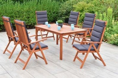 Vitoria Gartenmöbel Set 13tlg., 6 Klappsessel, 6 Auflagen, Tisch 150 x 90 cm