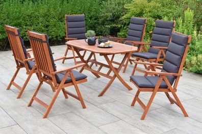 Vitoria Gartenmöbel Set 13tlg., 6 Klappsessel, 6 graue Auflagen, Klapptisch 135 x 85