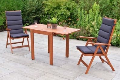 Vitoria Gartenmöbel Set 5tlg., 2 Klappsessel, 2 graue Auflagen, Balkonausziehtisch