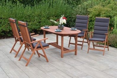 Vitoria Gartenmöbel Set 9tlg., 4 Klappsessel, 4 graue Auflagen, Ausziehtisch 160 (210