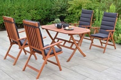 Vitoria Gartenmöbel Set 9tlg., 4 Klappsessel, 4 graue Auflagen, Klapptisch 135 x 85 c