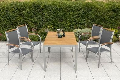 Siena Gartenmöbel Set 5tlg., Stapelsessel & 150 x 90 cm, silber/schwarz